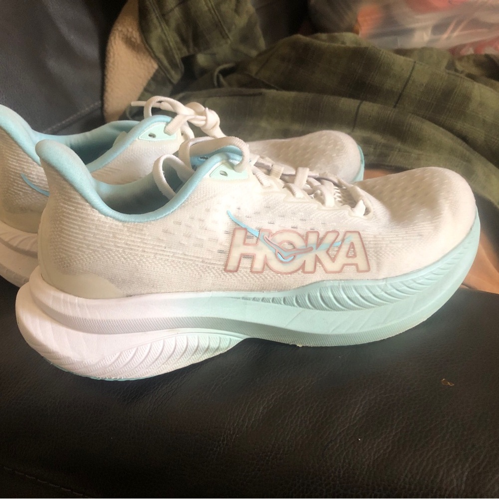 Hoka One One Women's White and Light Aqua Running Sneakers